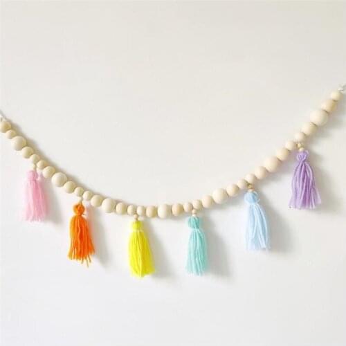 INS Nordic Wooden Beads Tassels Hanging Curtain Baby Girls Room Decoration Wall Ornaments Wood Beads Garland String Photo Props