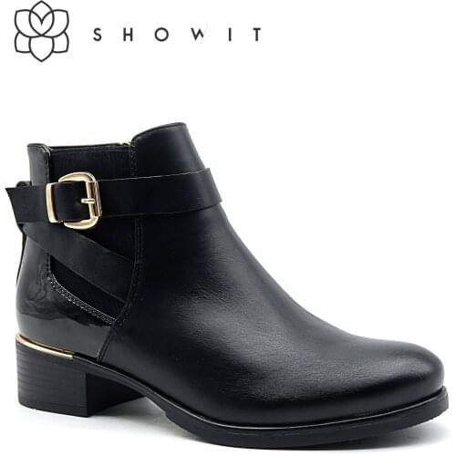 Comfortable black ankle boots women’s short flat shoes with side buckle and strap Chelsea round toe low heel female Autumn shoes