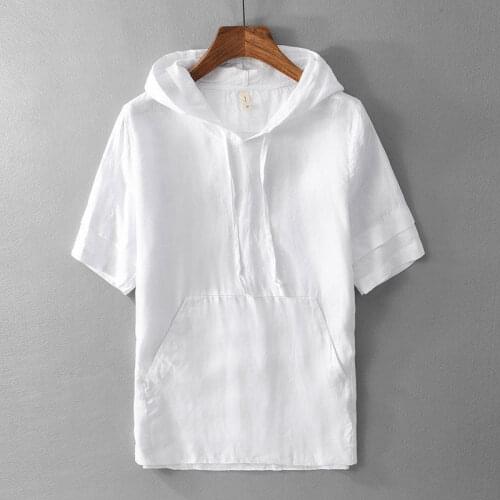 Japanese fresh cotton linen short-sleeved hoodie man Casual hooded white simple loose cotton linen half sleeve T-shirt