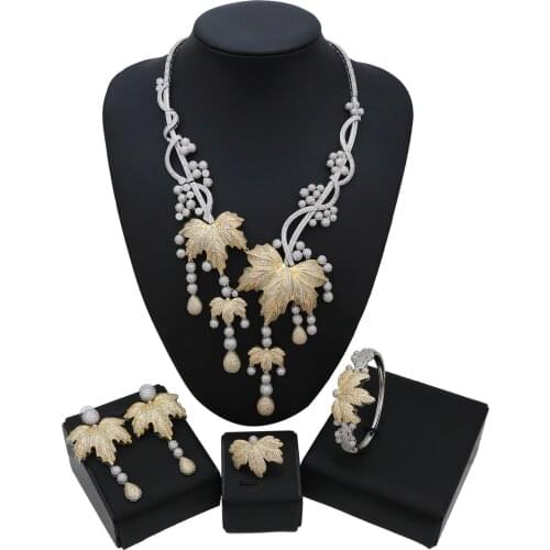 Yulaili Wedding Jewelry Sets Heart And Arrow Cubic Zirconia Maple Leaf Necklace Earrings Bracelet Ring Charm Women Jewelery Set