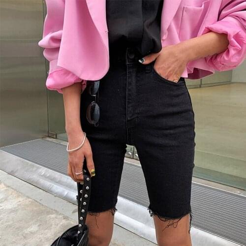 Knee Length Denim Shorts Women Push Up Elastic High Waist Biker Shorts Jean Shorts Women Summer 2019 Black Streetwear 0610-59