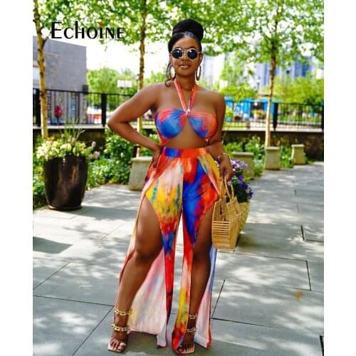 Echoine Woman Two Pieces Set Sexy Print Halter Tube Top Vest With High Split Wide Leg Pants Casual Beach Outfits Summer 2021