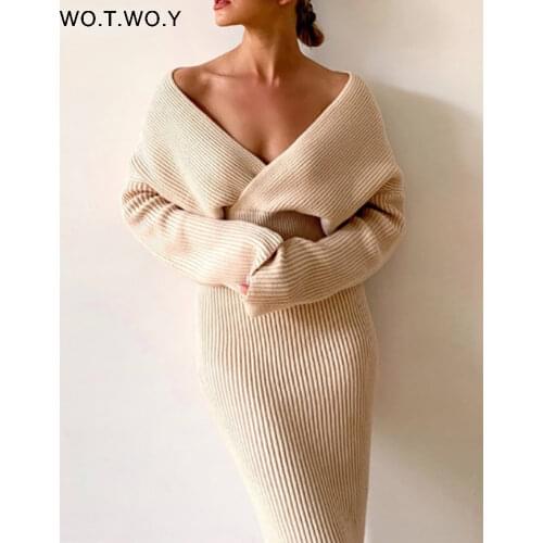 WOTWOY Sexy V-Neck Sweater and Skirt Knitted Two Piece Set Women Split Wrapped Skirt and Cropped Top Set Women 2020 Autumn Suits