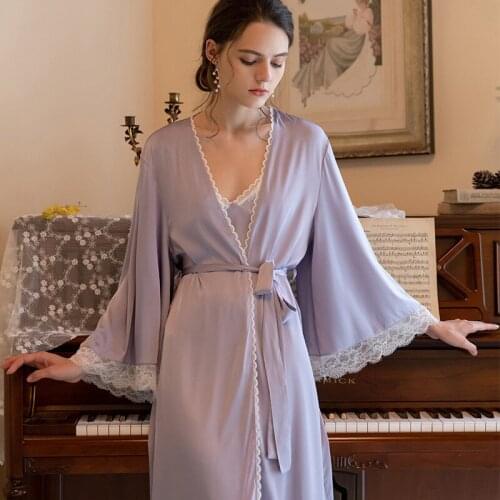 2PCS Women Lace Trim Robe Sets Sexy V-Neck Sling Nightgown Kimono Loose Full Sleeve Bathrobe Bride Dressing Gown Satin Sleepwear