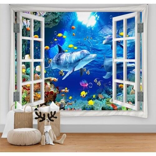 3D Digital Printing Tapestry Psychedelic Underwater World Sea Fish Dolphin Tapestry Wall Hanging Marine Animal Home Deco Cloth