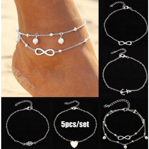 5pcs/set Bohemia Silver Foot Beach Anklets Heart Palm Anchor Infinity Anklet Bracelet Luxury Foot Chain Womens Jewelry