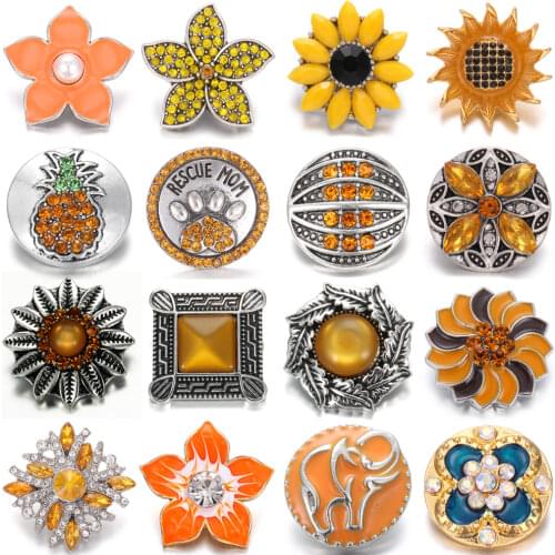 6pcs/lot Snap Jewelry 18mm Snap Buttons Orange Rhinestone Flower 18mm Snaps Buttons for Snap Button Bracelet DIY Accessories