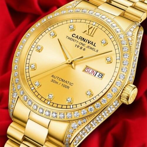 CARNIVAL Luxury Gold Automatic Watch Men MIYOTA Movement Mechanical Watch Sapphire Calendar Waterproof Luminous Watches for Men