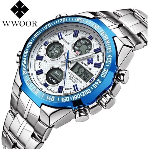 WWOOR Famous Brand Blue Watches Men Luxury Sport Chronograph Man Clock Waterproof Quartz LED Digital Watch Box Relogio Masculino