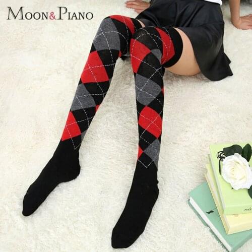 Womens Stockings Funny Diamond Lattice Plaid Autumn Breathable Personality Fashion Over The Knee Thigh High Colorful Stocking