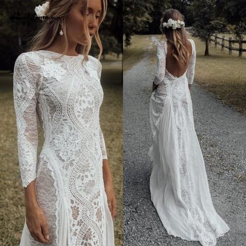 Lakshmigown Lace A Line Wedding Dresses Long Sleeve Backless Scoop Neck vestido de novia Boho Boho Bridal Gown Robe De Mariee