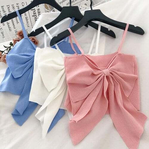 Summer Women Camisoles Bow Straped Casual Slim Short Knitted Sexy Tank Tops
