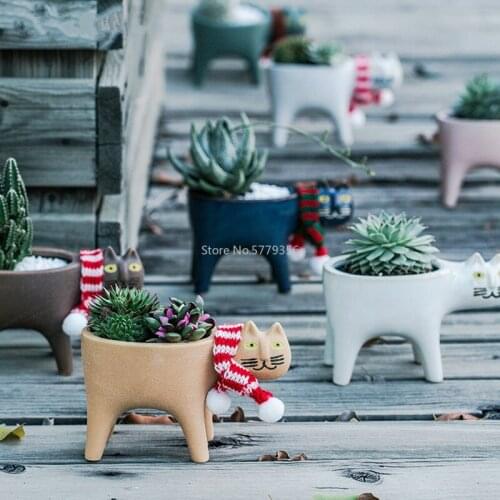 Cartoons Cat Flowerpot Animal Ceramic Flowerpot Cute Vase Cactus Succulent Plants Potted Flower Arrangement Home Decoration