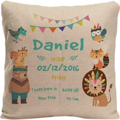 Customized With Baby Birth Data Blue Cushion Cover Forest Animals Theme Pattern Pillowcase Cute Personalized Baby Gift By Lvsure