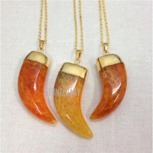 H-QN107 Orange Yellow Agat Onyx Horn Tusk Pendant Necklace Gold Color