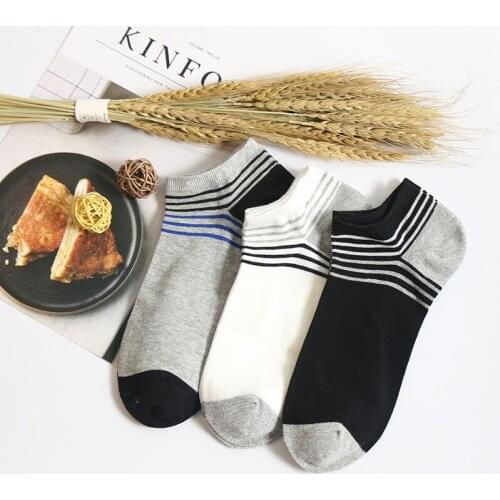 Men Fashions 3 Pairs/Lot Combed Cotton Striped Short Socks Teenager Invisible Sneakers/Canvas Shoes Sox Summer White Cool Meias