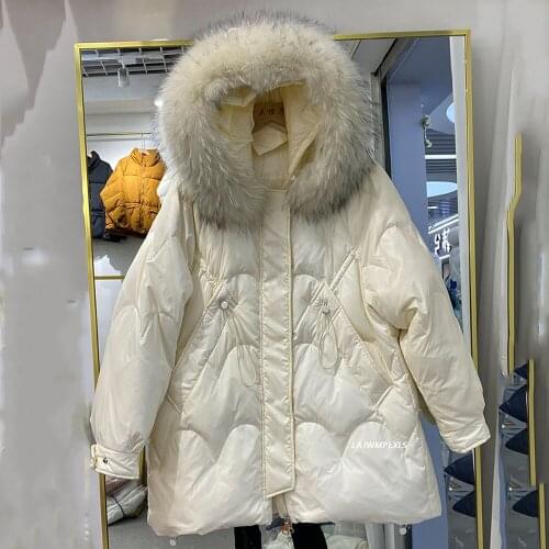 New Big Natural Fur Collar Winter Down Coat Women Warm Hooded Parkas 90% White Duck Down Jacket Female Loose Thick Snow Outwear