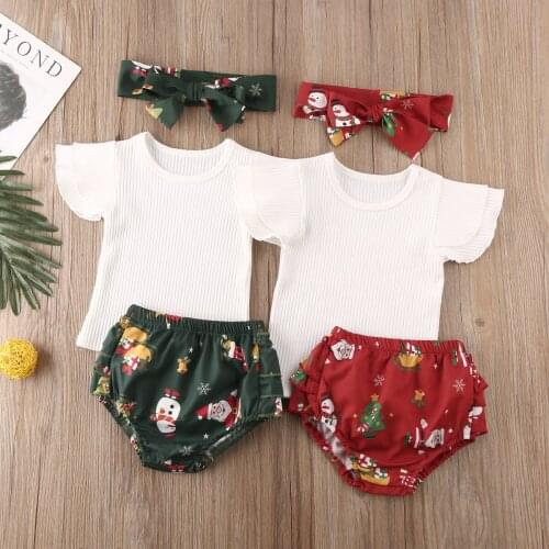 Newborn Kids Baby Girl Christmas Clothes Knit T-shirt Tops Snowman Print Shorts 3PCS Set Summer Toddler Suit Bow Headband