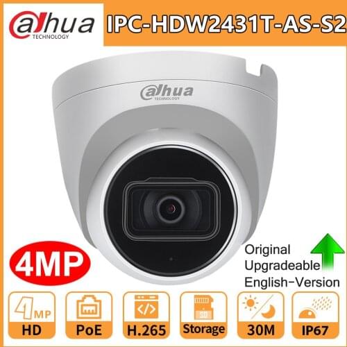 Dahua Original IP Camera 4MP IPC-HDW2431T-AS-S2 PoE IR 30M Micro SD Card Slot H.265 IP67 IK10 Dome Camara Built-in Mic