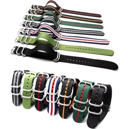 NATO Zulu Strap For 18mm 20mm 22mm 24mm Silver Round Buckle Army Nylon Replacement Belt Sport Watchband