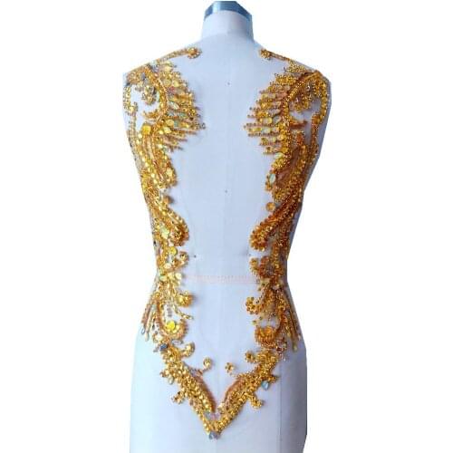 Hand made golden sew on Rhinestones applique on mesh crystal patches trim 62*39cm for dress back
