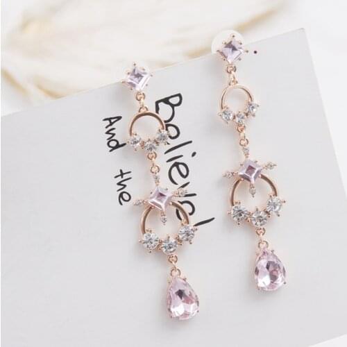 Korean Style Cross Round Circle Chain Long Water Drop Rhinestone Pendant Earrings for Girls Women New Fashion Jewelry 6C2006