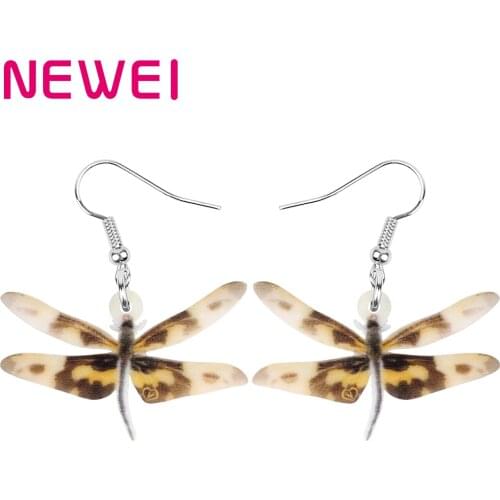 Newei Acrylic Brown Dragonfly Earrings Printing Insect Animal Dangle Drop Jewellery For Women Kids Funny Party Gift Decoration