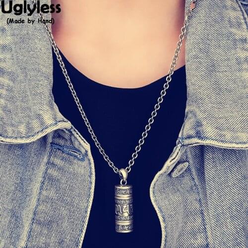 Uglyless Real 990 Thai Silver Spinning Six-word Mantra Box Pendants for Men Buddhistic Gifts Silver Necklaces NO Chains P1042