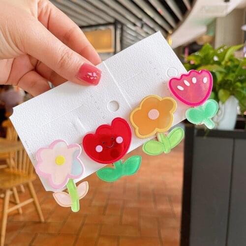 4 Color Multicolor Tulip Flower Acrylic Print Hair Clips Girl Baby Hair Pins Kids Hair Accessories