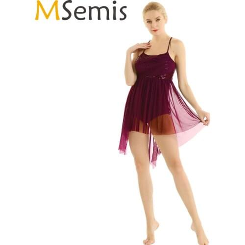Womens Adult Shiny Sequined Ballet Dress Lyrical Dance Costumes High Low Tutu Ballet Skirt Criss Cross Back Gymnastics Leotard
