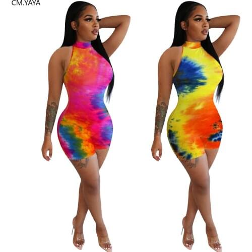 CM.YAYA Women Tie Dye Print Sleeveless Bodycon Playsuit Sexy Club Party Streetwear Sport Romper Bodysuit One Piece Overalls