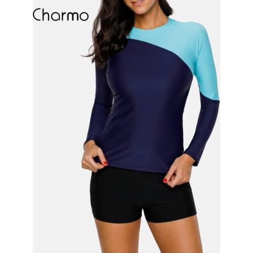 Charmo Women Long Sleeve Rashguard Swimwear Surfing Top Swimsuit Rash Guard UPF 50+ Running Shirt Biking Shirts Patchwork suit