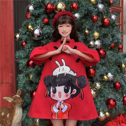 2021 new Chinese style red nine-point sleeves plus velvet thickening improved cheongsam sweater dress women fashion short sleeve