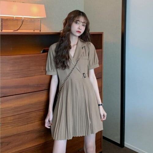 Women Summer Vintage Pleated Mini Blazer Dress High Waist Sashes Short Sundress RH18