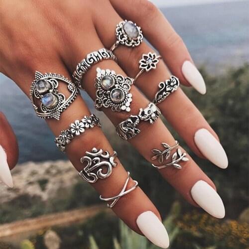 11 Pcs/Set Bohemian retro elephant flower leaves cross exaggerated gem Silver Color ring set women Wedding Party Jewelry
