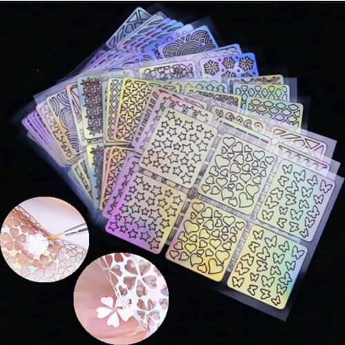 24 Sheets/set Irregular Grid Printed Square sticker Nail Art Hollow Laser Sticker Fashion Women Nail Art Stencil Manicure Tools