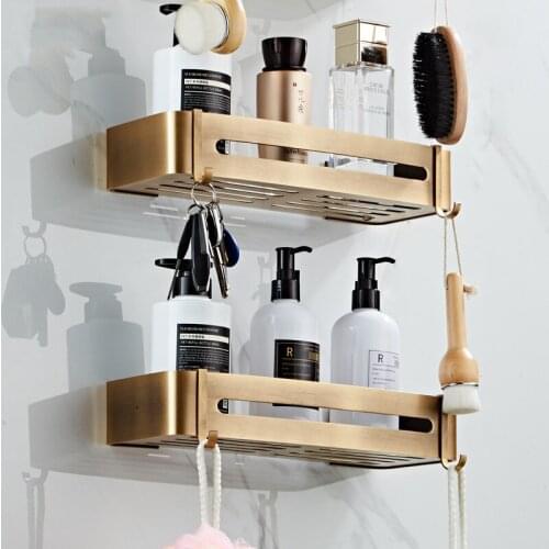 Aluminium Bathroom Shelf Shower Rectangle Gel Rack Shampoo Caddy Holder & Hook Wall Mount Nail Punched Single Tier Bath Hardware