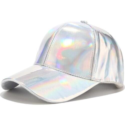 Women Men Faux Leather Baseball Cap Glitter Metallic Holographic Rainbow Reflective Hip Hop Adjustable Strapback Peaked Hat 28GD