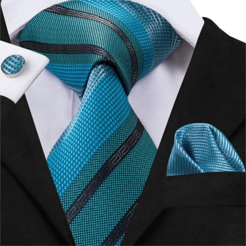Hi-Tie Luxury Brand Silk Ties for Men Blue Striped Designer Classic Party Wedding Tie Set 8.5cm Fashion Mens Neck Tie C-3027