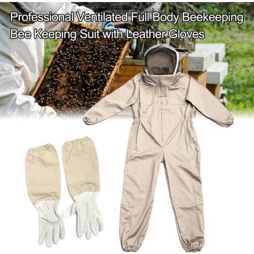 Bee Keeping Suit Professional Ventilated Full Body with Leather Glove Coffee Color Bee Proof Protective Cloth Farm Unisex Outfit