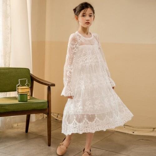 Summer Princess Dresses For Girls Mesh Lace Long Sleeve Mid-calf Gowns Kids Ourdoor Casual Dress Children Fashion Clothes