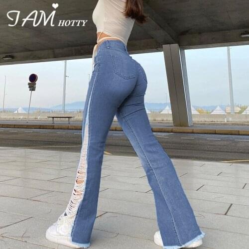 Y2k Fashion Distressed Ripped Hole Flared Jeans Women Girls Mom High Waist Aesthetic Patchwork Streetwear Trouser Pants Iamhotty