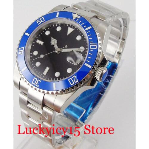 BLIGER SUB 40MM Automatic Men Watch Black 24 Jewels NH35A Middle Polished Bracelet Blue Insert Screwdown Crown Sapphire Crystal