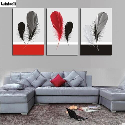 3 pcs Red Black Gray Feather Still Life DIY 5D Embroidery Diamond Painting rhinestone Cross Stitch Kit Diamond Mosaic Home Decor