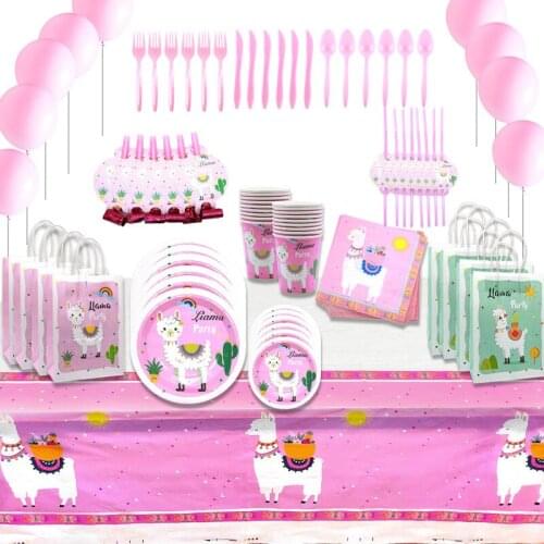 Alpaca Pink Theme Party Supplies Disposable Tableware Set Cup Plate Napkin Straw Balloon Happy Birthday Kid Favorite Decoration