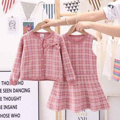 2021 Spring Autumn New Baby Clothes for Girls Long Sleeve Jacket+Plaid Dress 2 Pcs Outfits Set Childrens Clothing Kids Vestidos