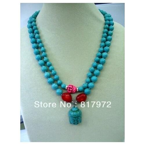 Woman 2 rows necklace light blue buddha head dangle pendant 8-10mm round bead necklace