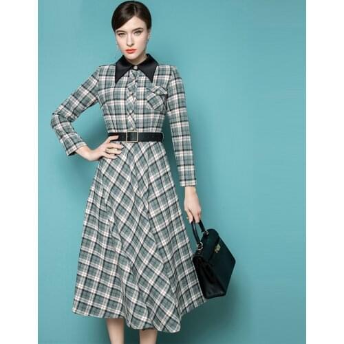 Ladies Dress High End Temperament Autumn And Winter New WomenS Retro Plaid French Long Sleeve Swing Skirt