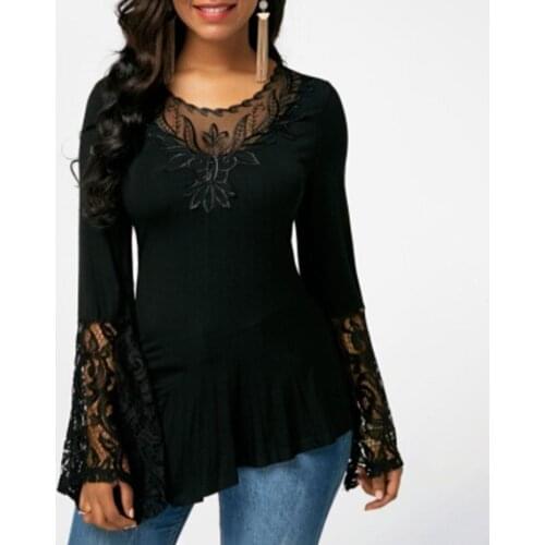 Casual Women Autumn O Neck Long Sleeve Lace Stitching Irregular Hem T-shirt Tees Female T-Shirts 2020