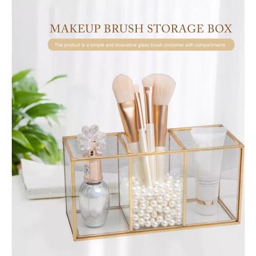 Transparent Glass Makeup Brush Storage Box Gold Cosmetics Container Ring Pencil Lipstick Holder Make Up Brushes Organizer
